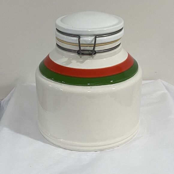 Vintage 1970s Line Cookie Jar by Massimo Baldelli Italia White Red Green Ceramic - Picture 3 of 9